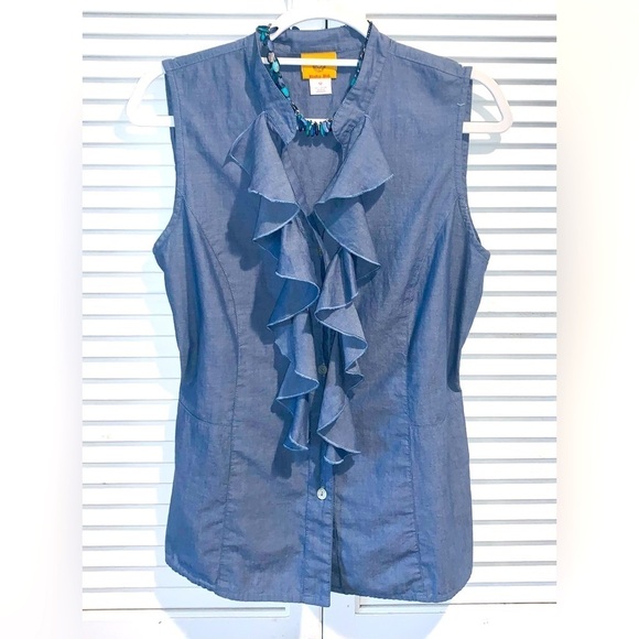 Ruby Rd. Blue Button up Sleeveless ruffled Blouse - Picture 1 of 7